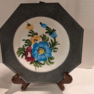 Vintage Pewter Handgemalt Ceramic Wall Plate Floral C.A.R. decorative plate.